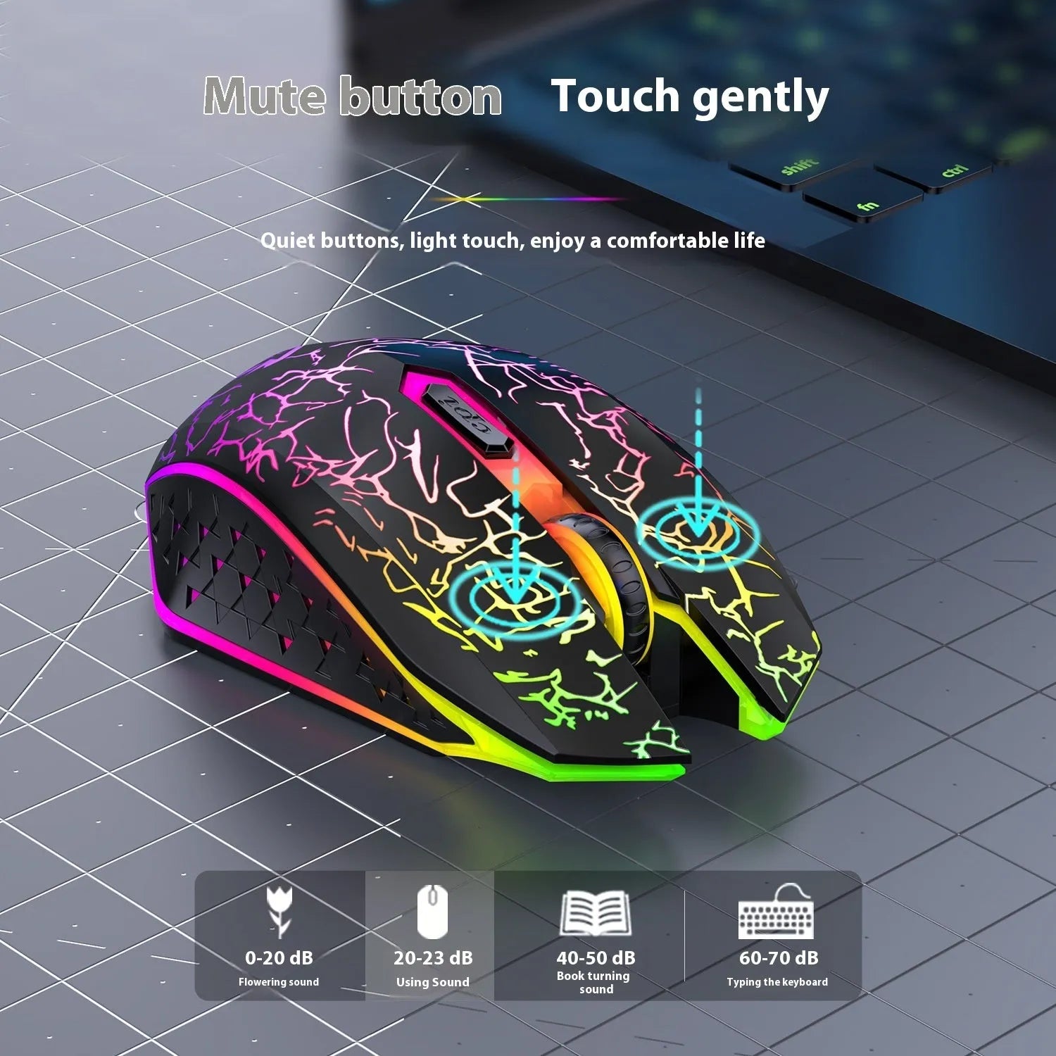 Black and white wireless gaming mouse showing Bluetooth and 2.4G dual-mode connectivity with luminous breathing light effect