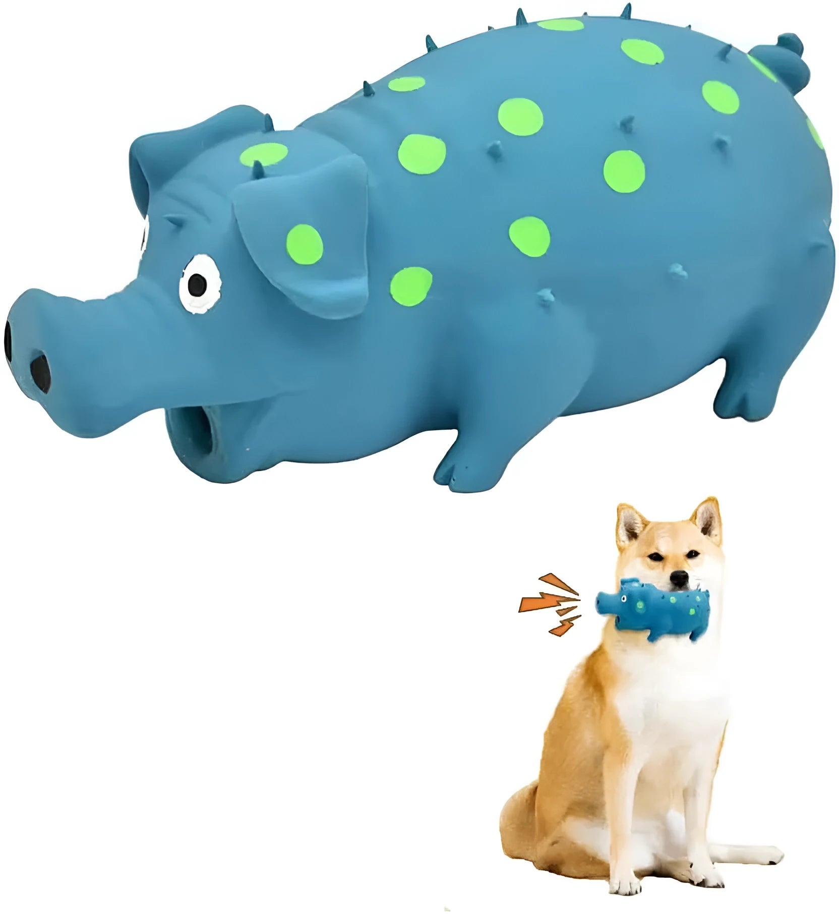Blue latex pig-shaped dog chew toy with textured surface and squeaker for aggressive chewers