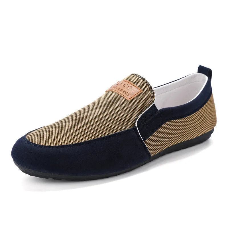 Men's solid-colour canvas board shoes with round toe and rubber sole in grey and khaki options.