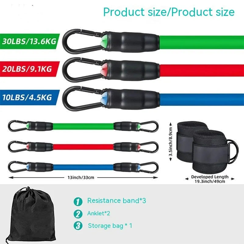Set of three TPE resistance bands in 10lb, 20lb, and 30lb tensions with foot loops for ankle attachment