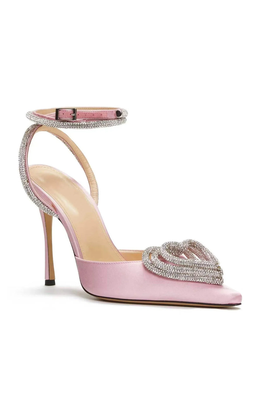 Women's pink satin sandals with heart-shaped rhinestones and adjustable cross-belt ankle straps