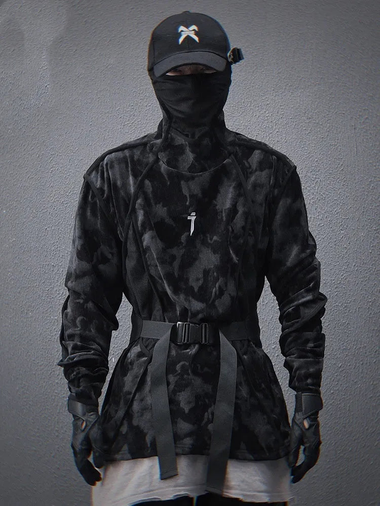 Men's black and grey tie-dye printed turtleneck sweater with drop-shoulder sleeves and loose casual fit