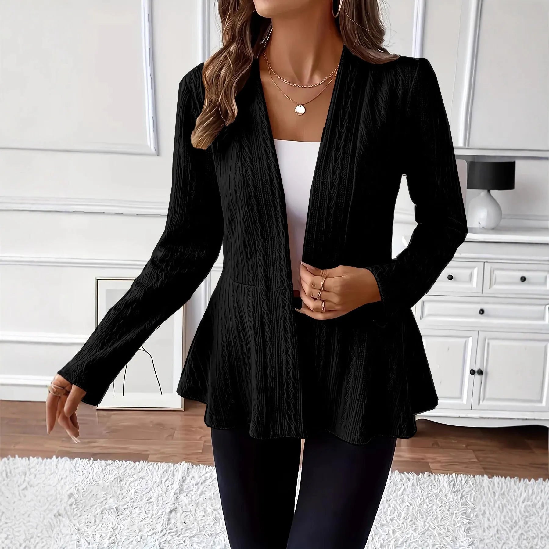 Women's solid color one button knitted cardigan in apricot or black with tight fit and long sleeves