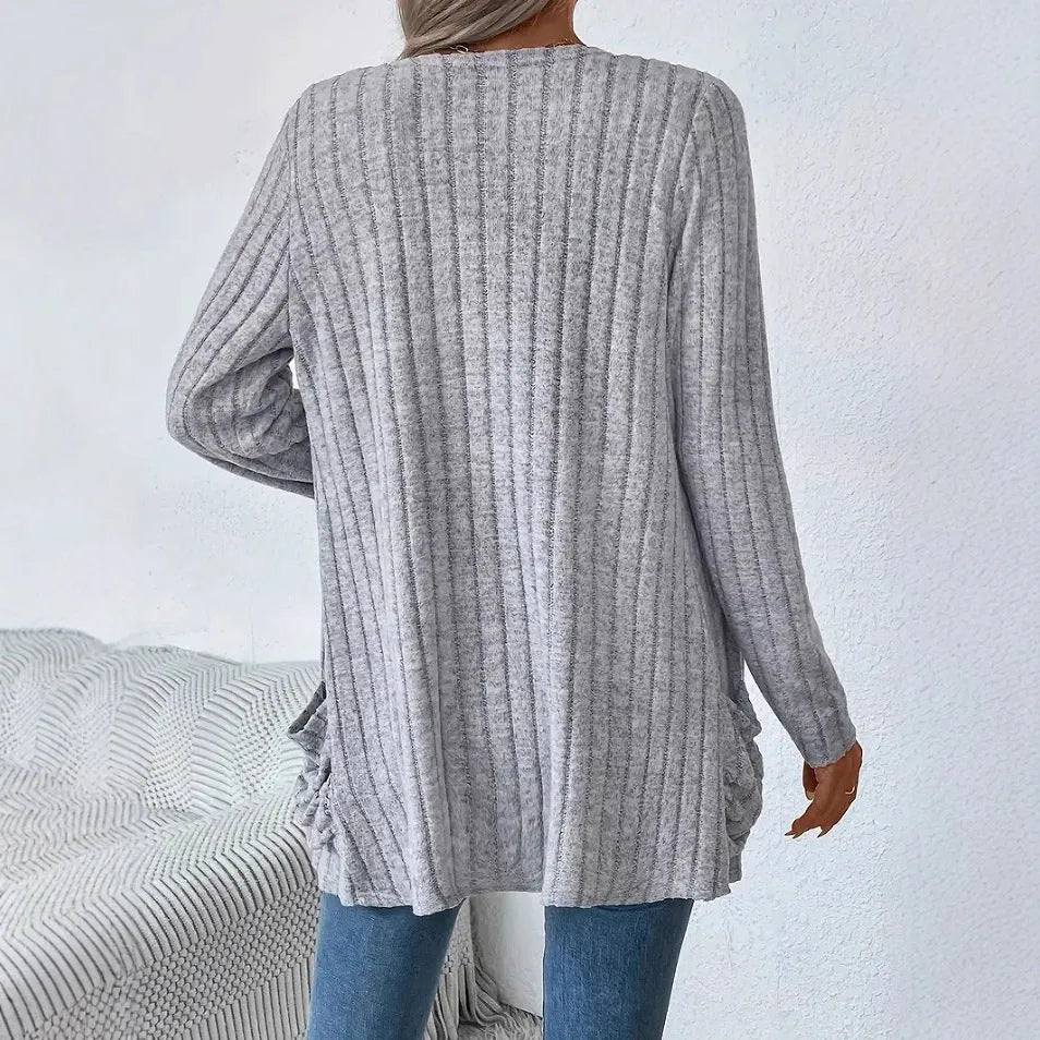 Solid colour long sleeve cardigan in loose fit design available in black and granny grey colours