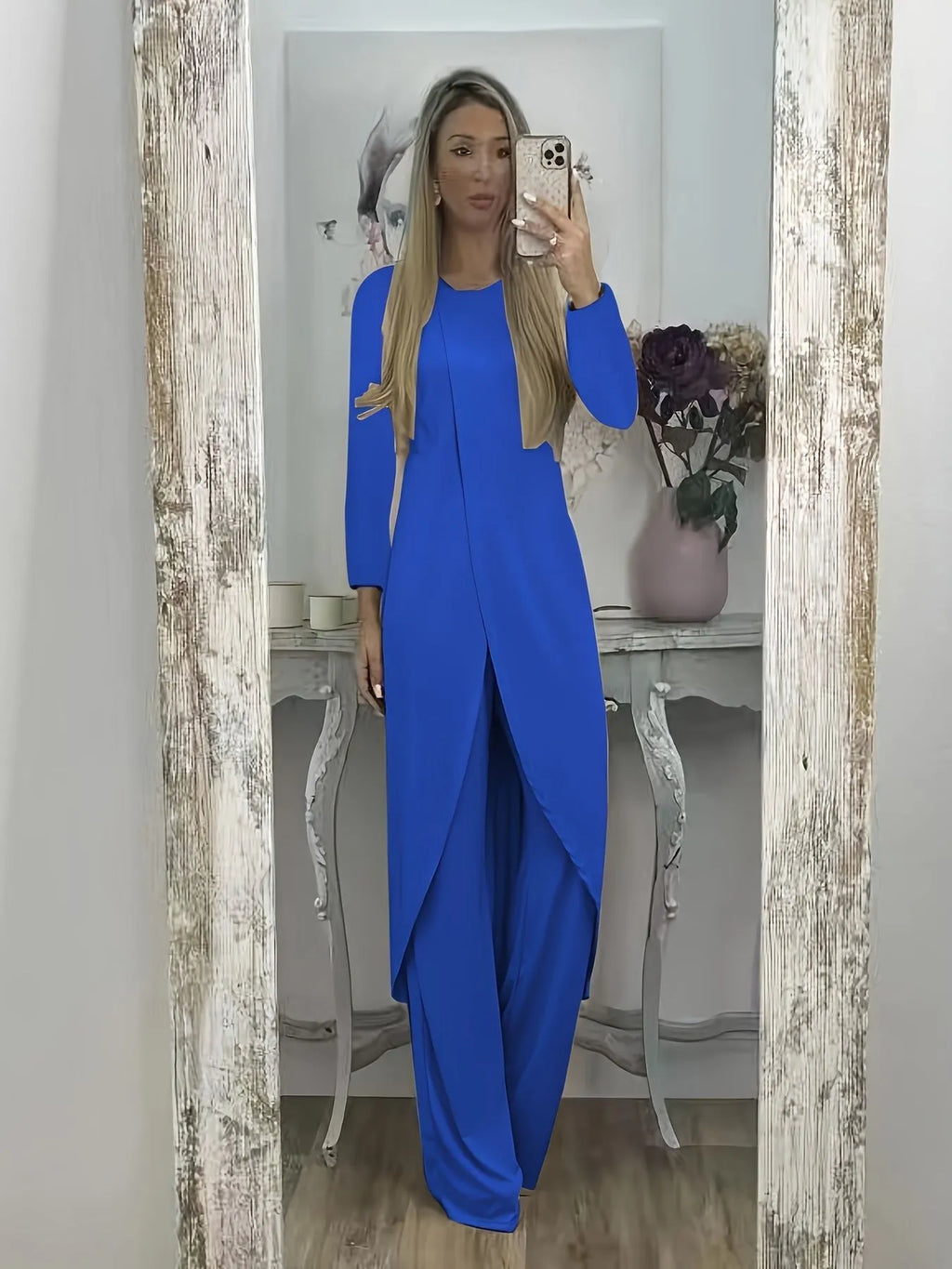 Casual long sleeve polyester two-piece set in khaki, showing loose round neck top and full-length trousers.