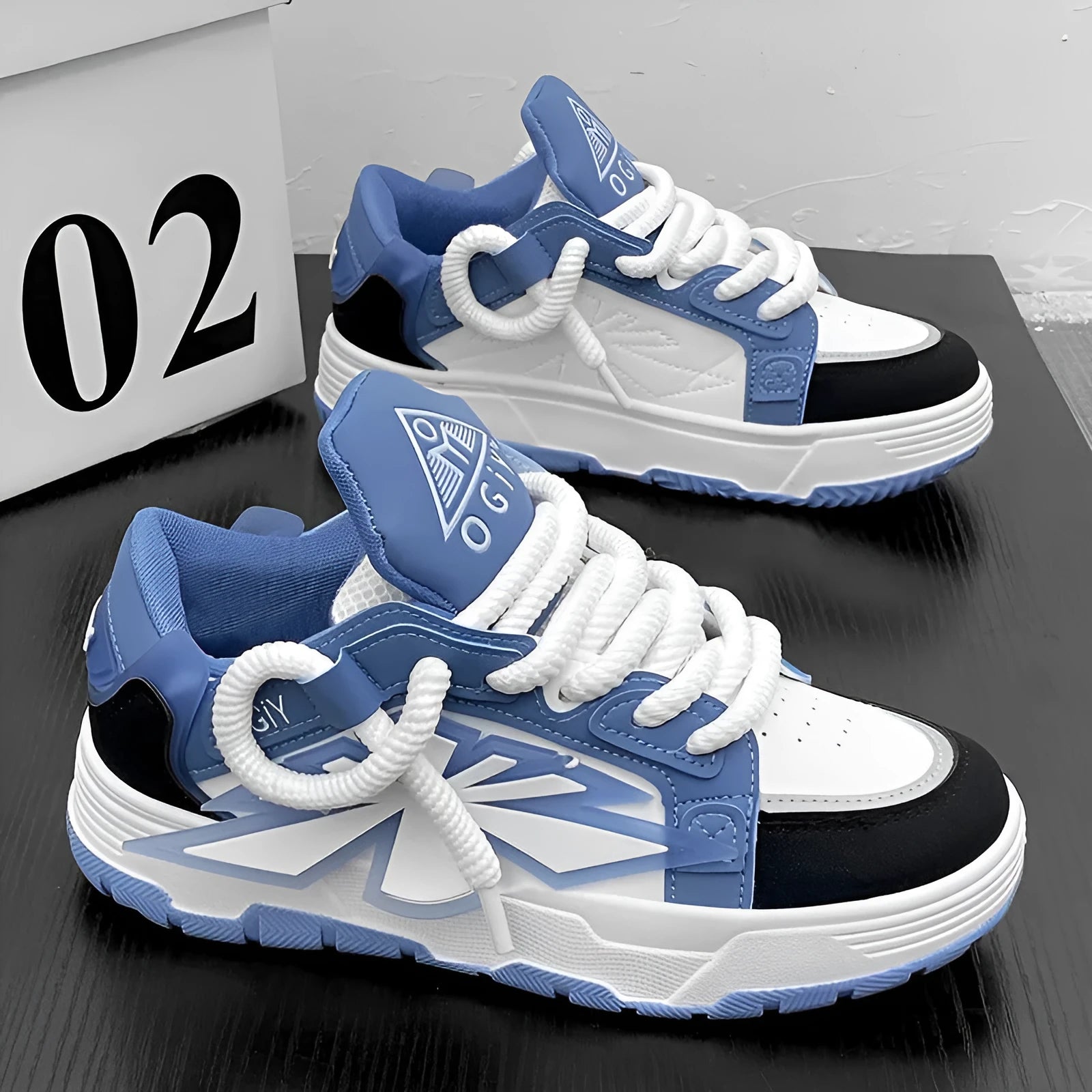 Men's white clunky sneakers with thick rubber sole and round toe lace-up design