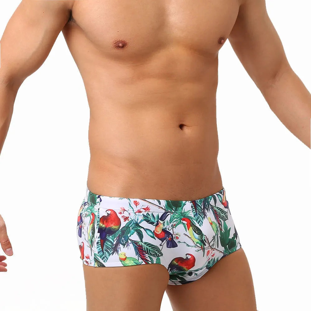 Men's flower and bird print swimming trunks in small boxer brief style with nylon fabric