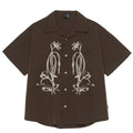 Brown striped outdoor shirt with Cuban collar and short sleeves for camping