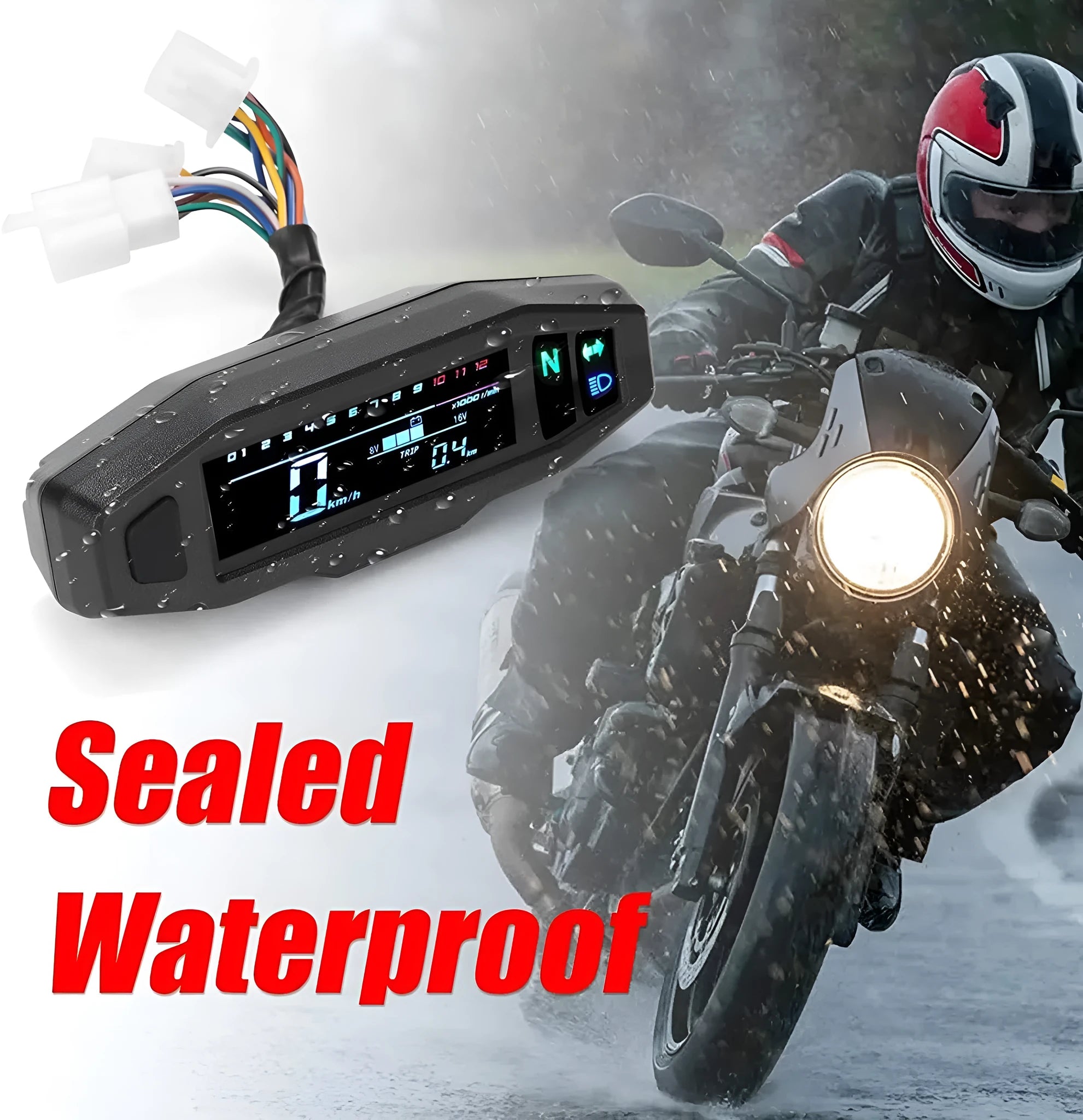 Black motorcycle mini digital speedometer with LCD screen displaying speed, tachometer, and fuel gauge.