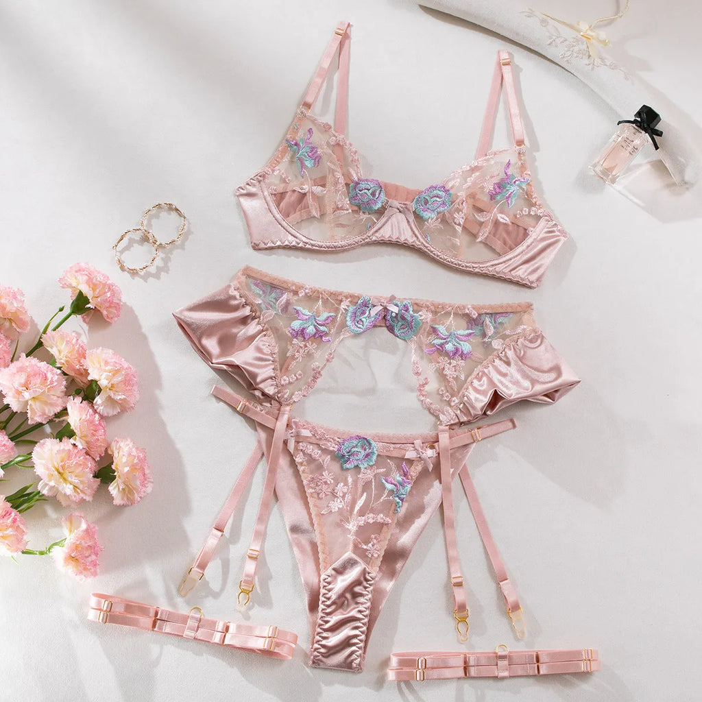 Light purple satin lingerie four-piece set with champagne accents and mercerized embroidery details