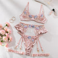 Light purple satin lingerie four-piece set with champagne accents and mercerized embroidery details