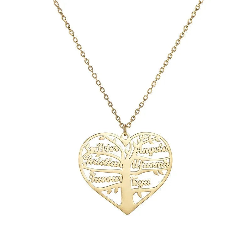 Custom engraved life tree and heart pendant necklace with 1-6 names in stainless steel.