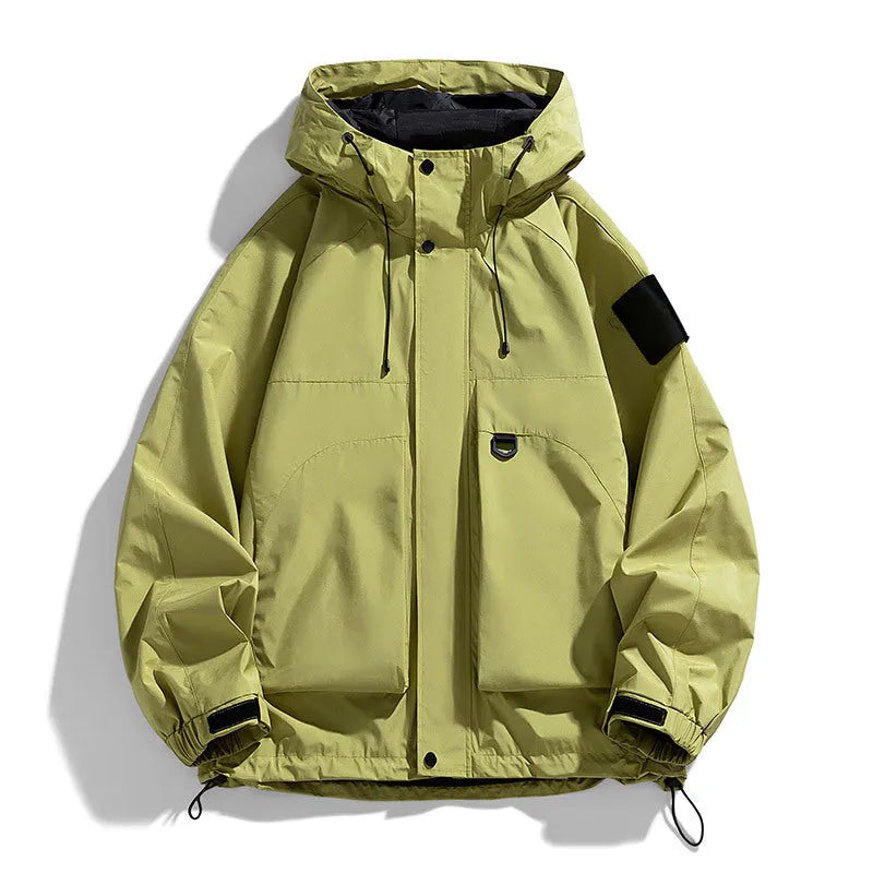 Men's waterproof windproof hooded jacket in black, purple or ginger yellow with sizes from S to 8XL