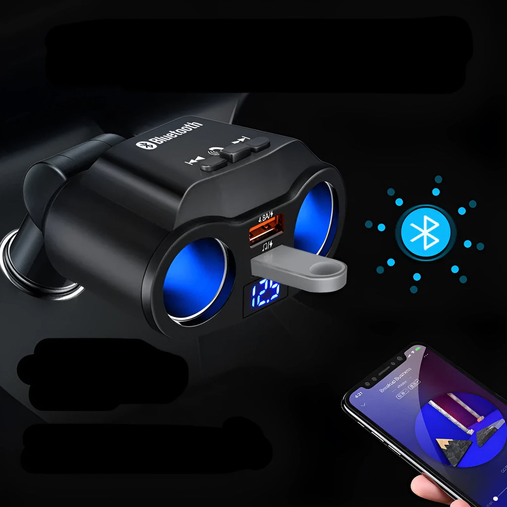 Car Bluetooth receiver and charger unit for 12V lighter socket with MP3 player and FM transmitter functions