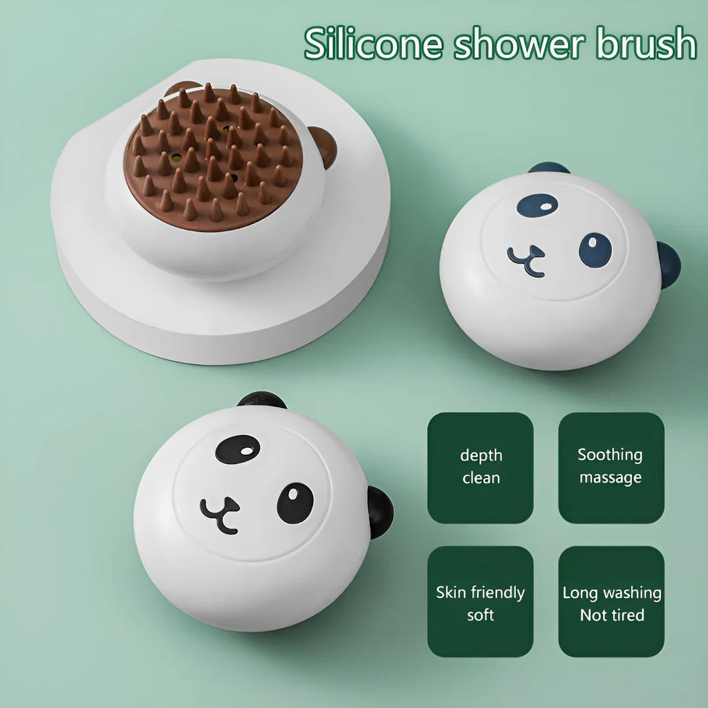 Panda-shaped silicone pet bath brush with soft bristles for cats and dogs in blue colour