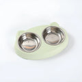 Macaron-shaped plastic double bowl pet feeder in blue colour with separate food and water compartments
