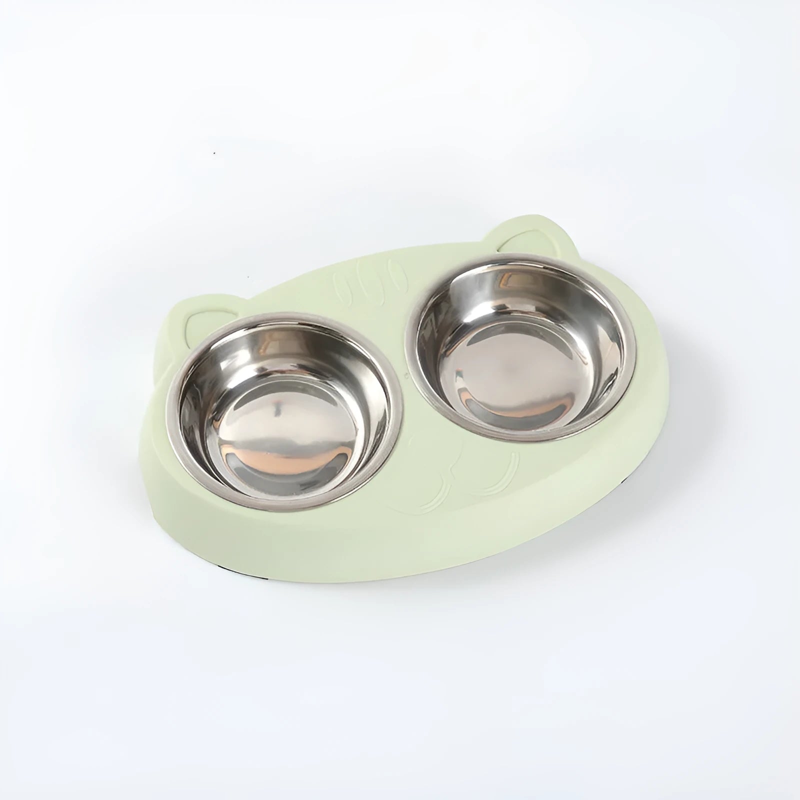 Macaron-shaped plastic double bowl pet feeder in blue colour with separate food and water compartments