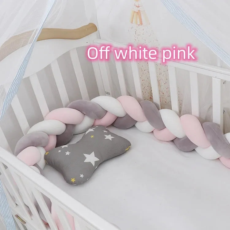 Baby crib bumper in crystal velvet with braid knot design showing flexible length options for cot protection