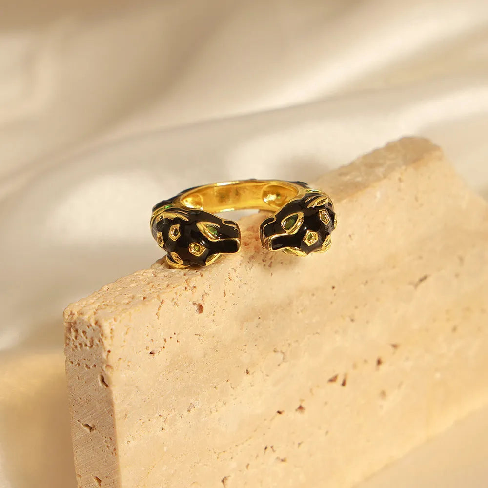 Women's black cheetah pattern oil drip geometric open ring size 7 on copper