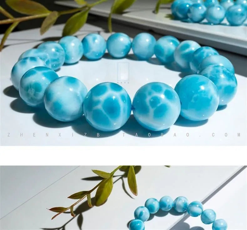 Handmade blue sea-pattern natural crystal Bodhi bracelet with pearl accents on wrist