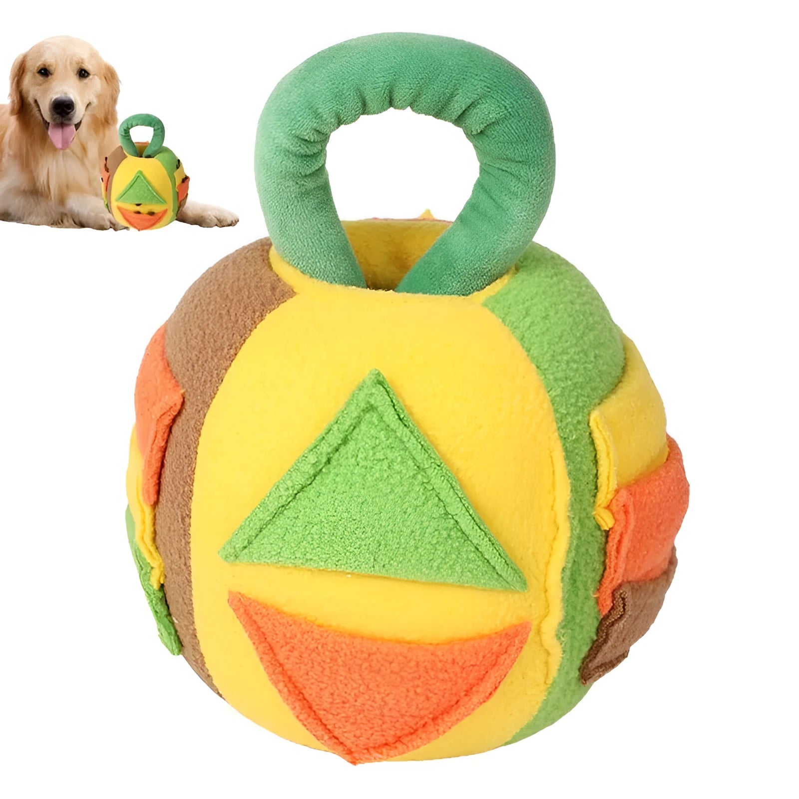 Pink and green polyester squeaky plush ball dog toy with snuffle pockets for treats