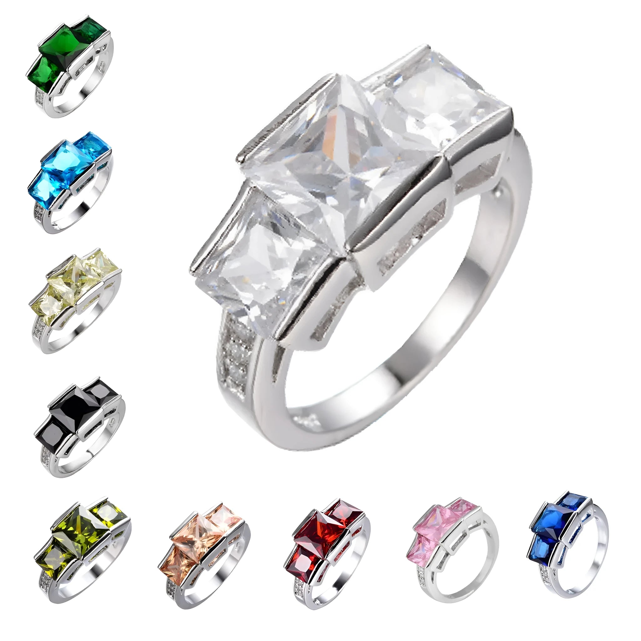 A geometric copper ring in multiple colour options on a size chart showing rings 6 to 10.