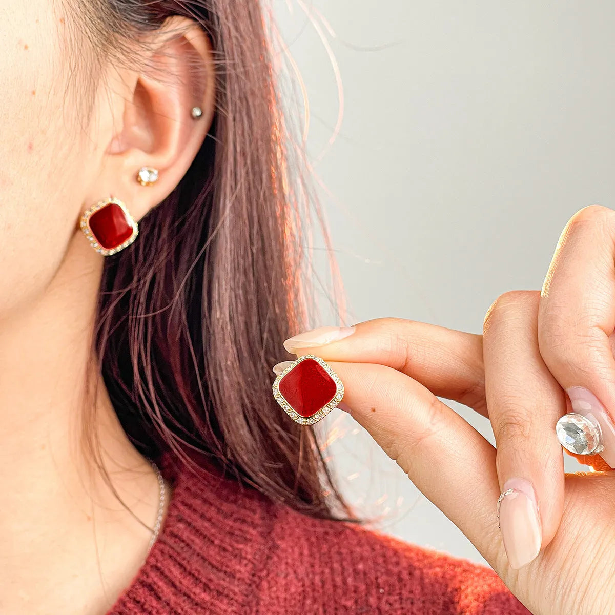 Red geometric square earrings with alloy construction and inlaid design detail