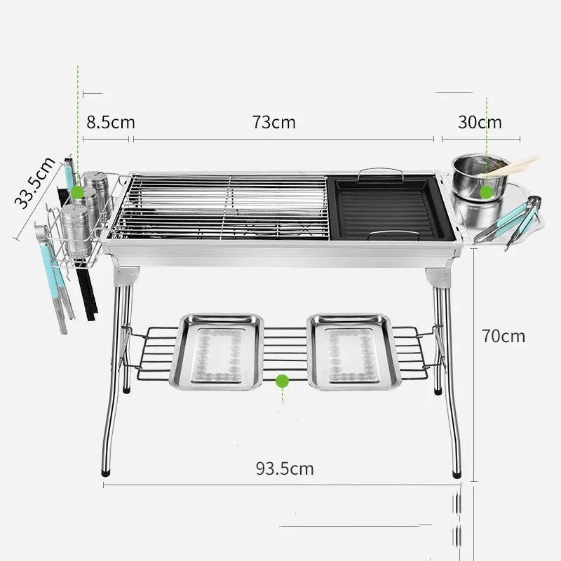 Stainless steel portable folding barbecue oven with dimensions 73cm x 33.5cm x 70cm