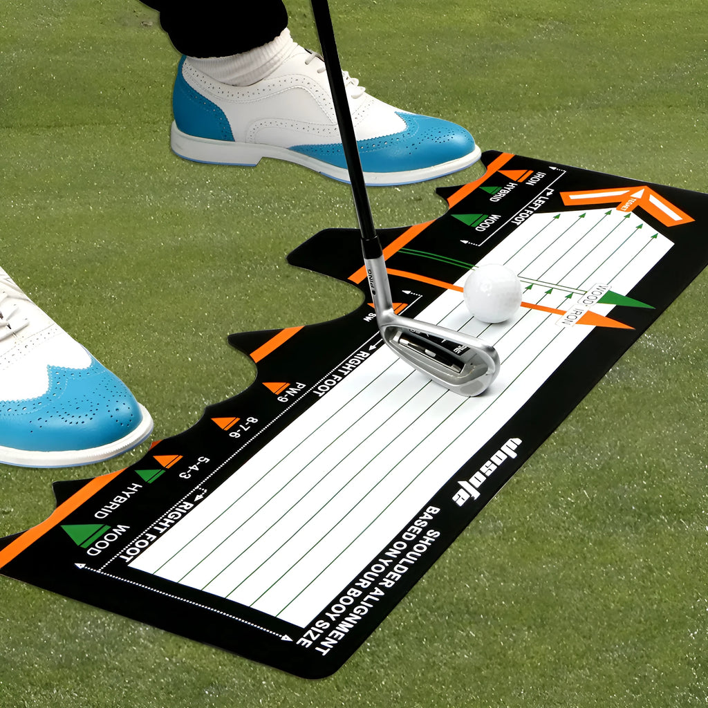 Black neoprene golf swing standing posture auxiliary pad measuring 22.5cm x 10cm for correcting stance and alignment