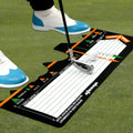 Black neoprene golf swing standing posture auxiliary pad measuring 22.5cm x 10cm for correcting stance and alignment