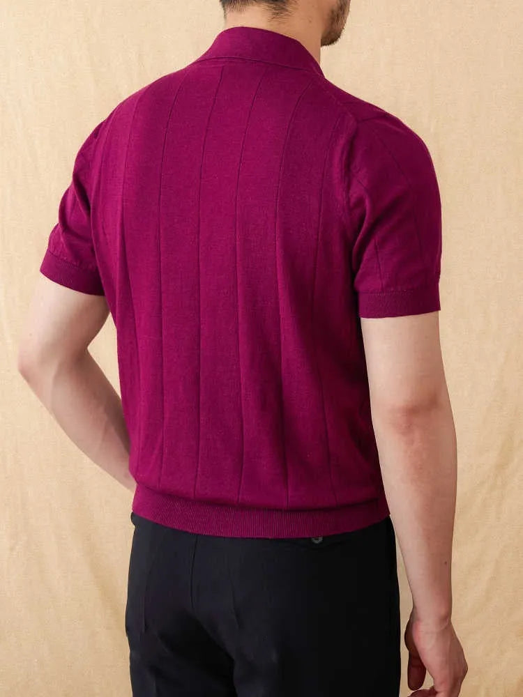 Cotton and linen blend polo shirt with sunken stripe knitted pattern and seagull collar in multiple colour options