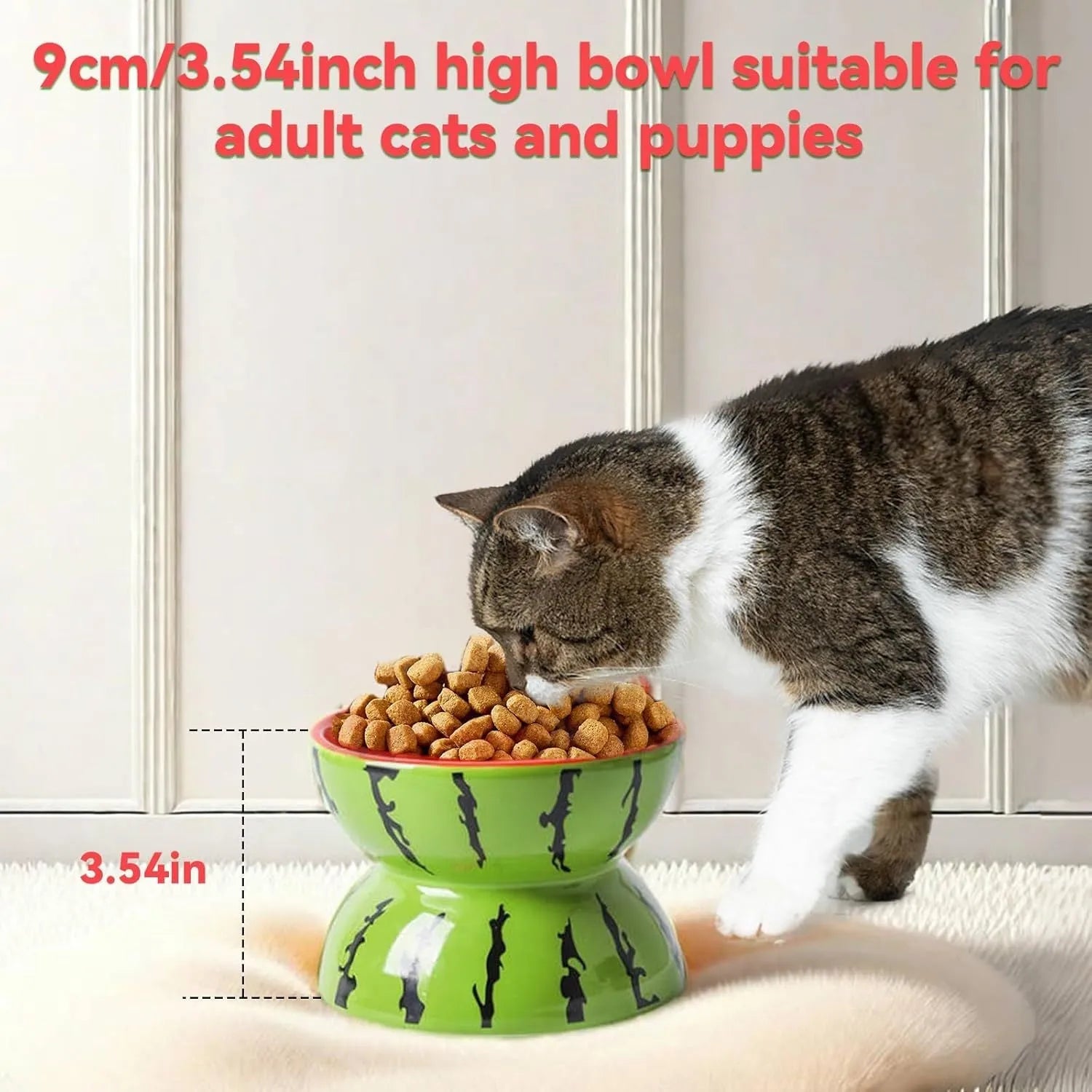 Orange patterned ceramic elevated cat bowl on a wooden floor.