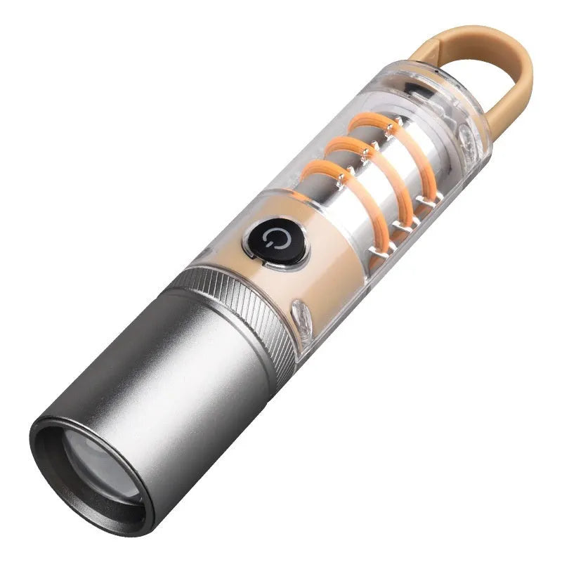 Orange or beige multifunctional flashlight with optical zoom and dual light source