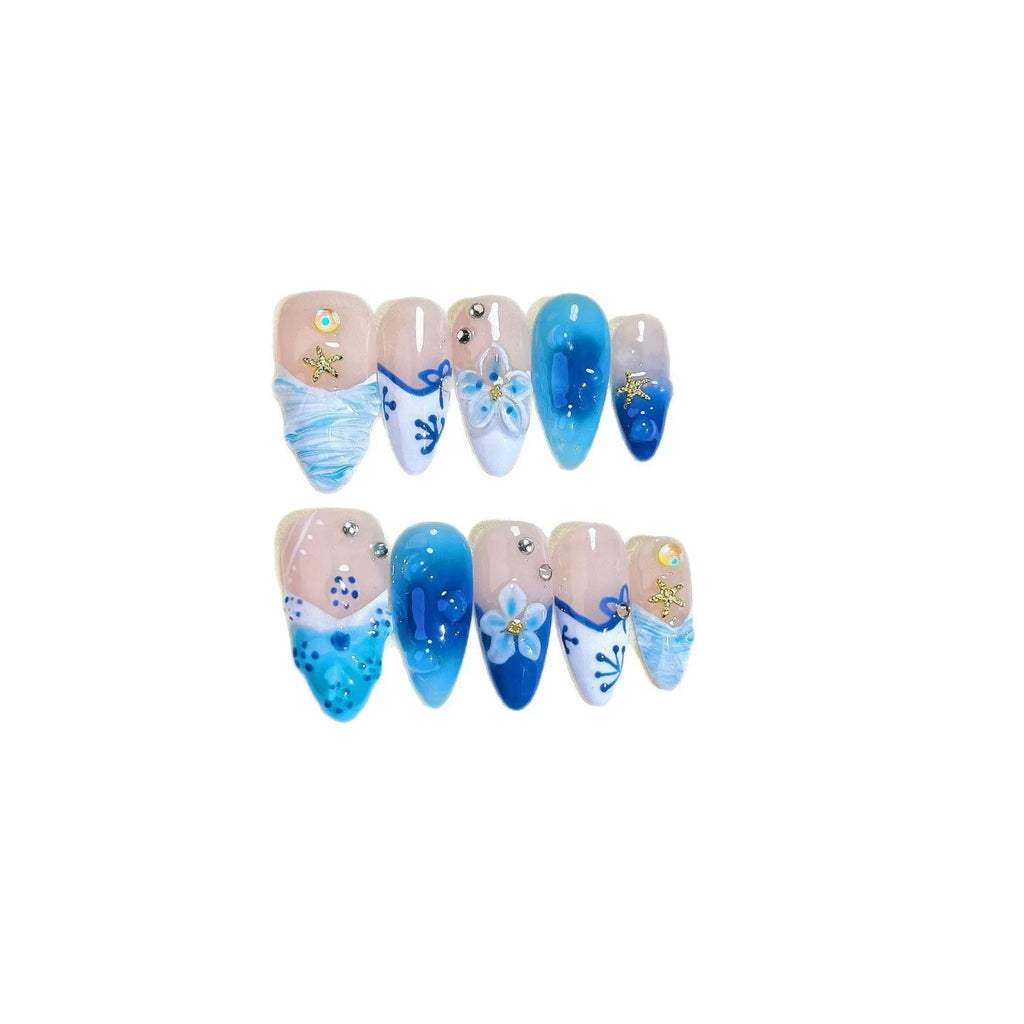 Blue hand-painted carved summer ice transparent plastic fake nails in four sizes XS S M L