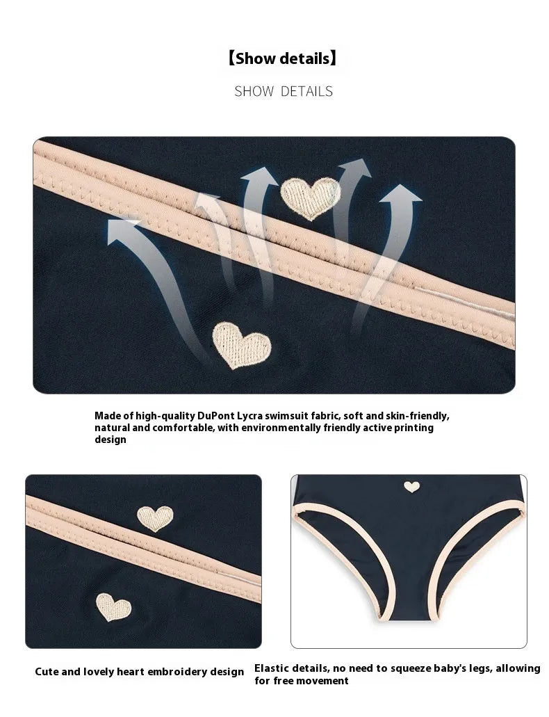 Dark blue girls' split swimsuit briefs made from high elasticity polyester fabric for swimming.