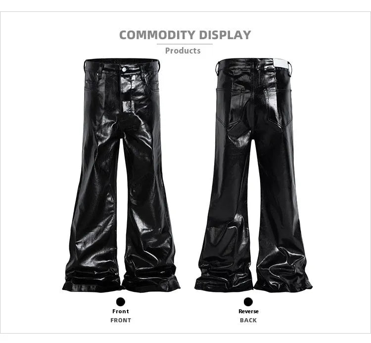 Black shiny patent leather skinny jeans with straight leg design and mid waist