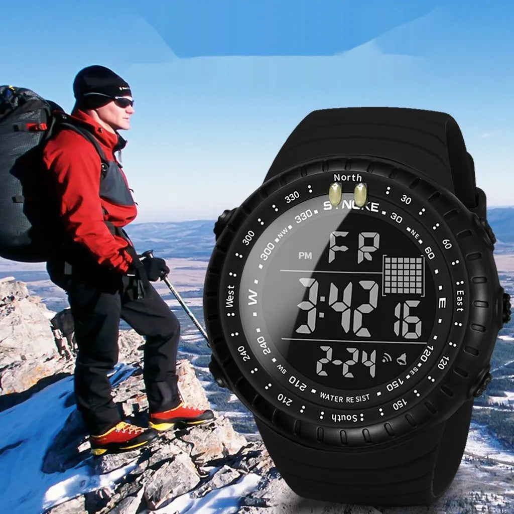 Black men's digital waterproof watch with plastic case and adjustable PU strap