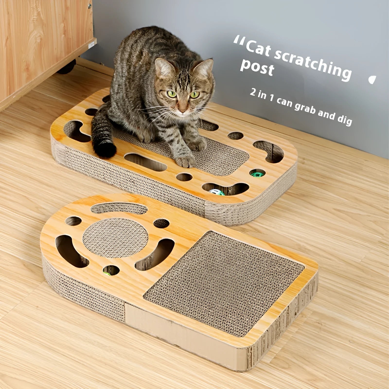 Corrugated paper cat scratch board with small ball in multiple style options