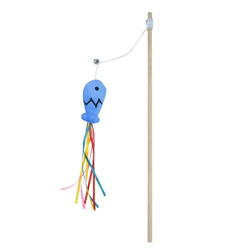 Cat wand toy with wooden handle, elastic rope, catnip fish, colourful ribbons and small bell