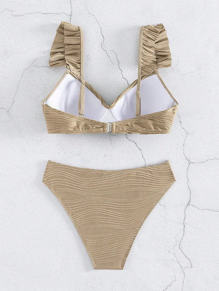 Women's solid colour bikini swimsuit in black or khaki, showing front view of two-piece design.