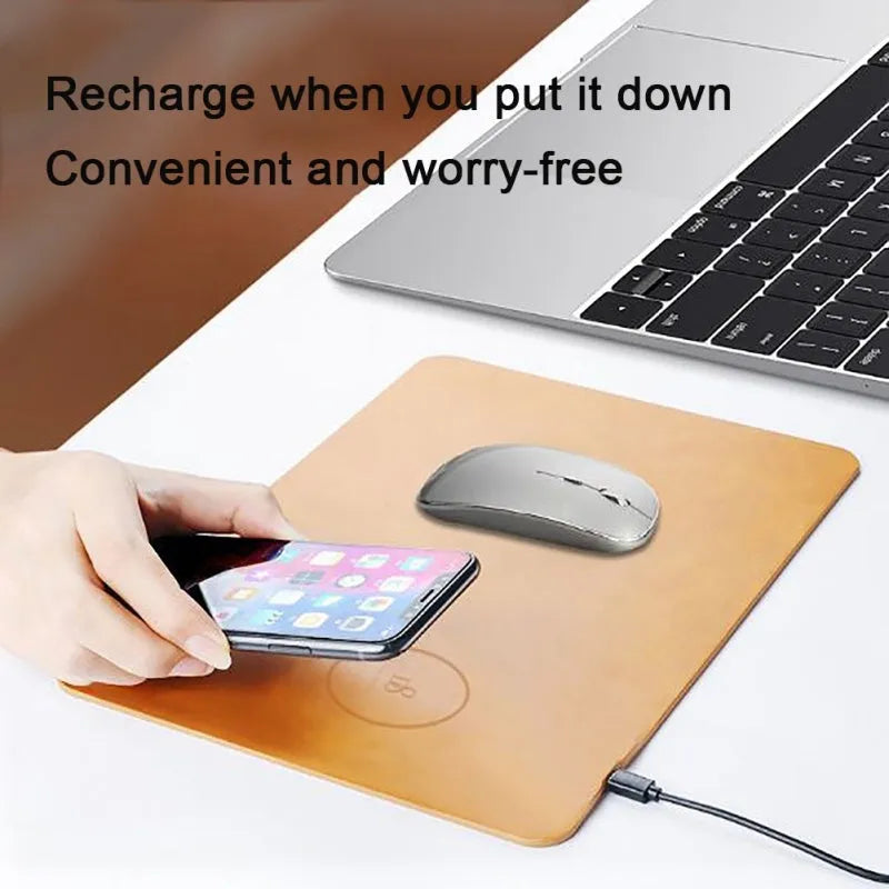 Brown leather wireless charging mouse pad with micro-USB cable for fast Qi charging.