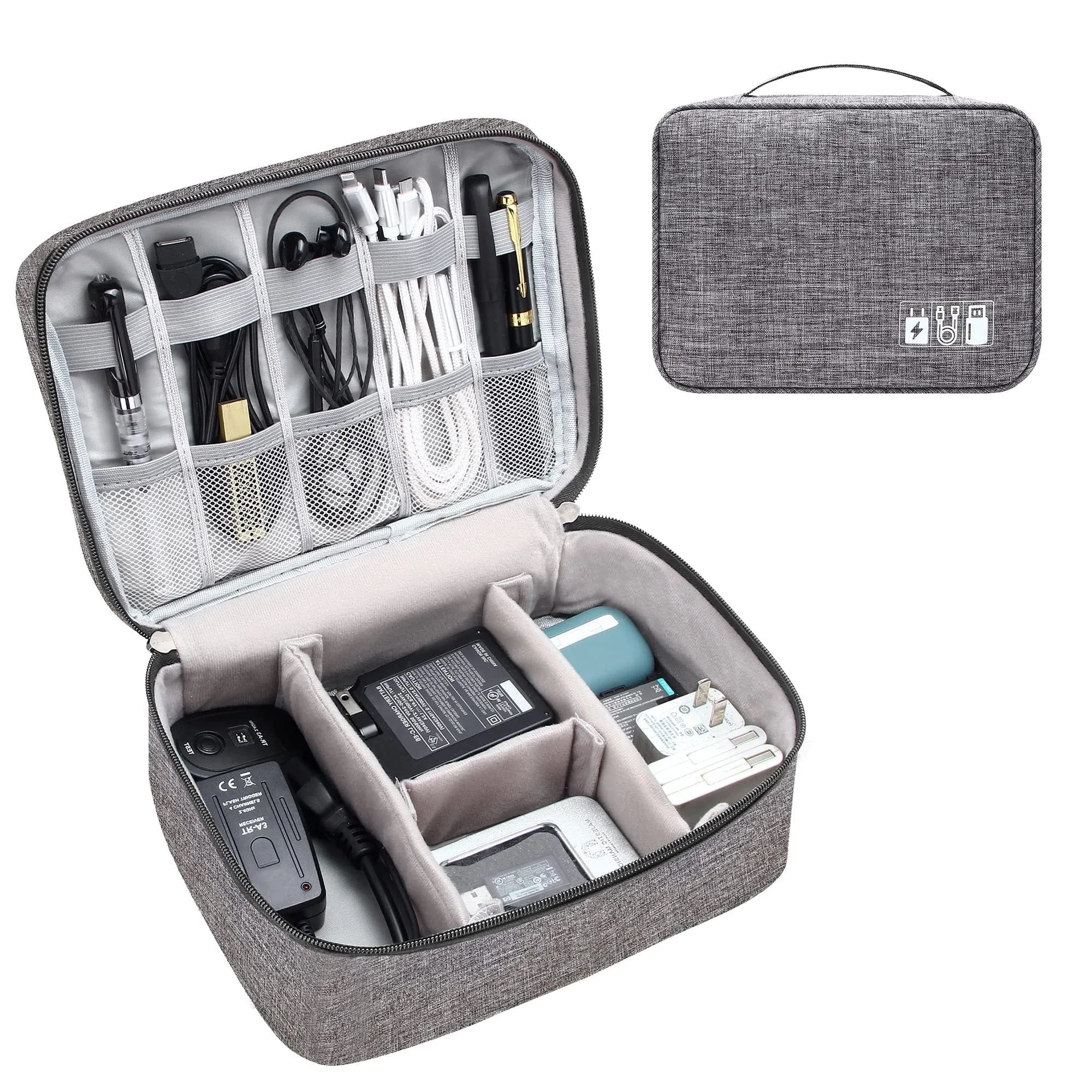Black travel cable organiser bag open to show mesh pockets, elastic loops, and removable padded dividers inside.