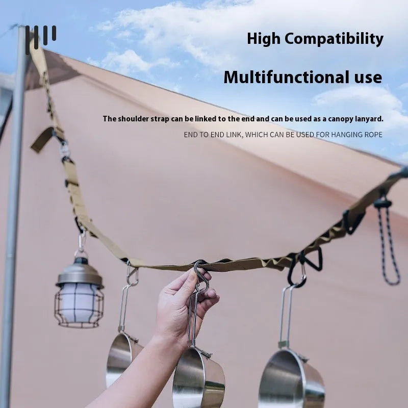 Black nylon hanging rope clothesline and storage belt stretched out, showing its 130cm length.