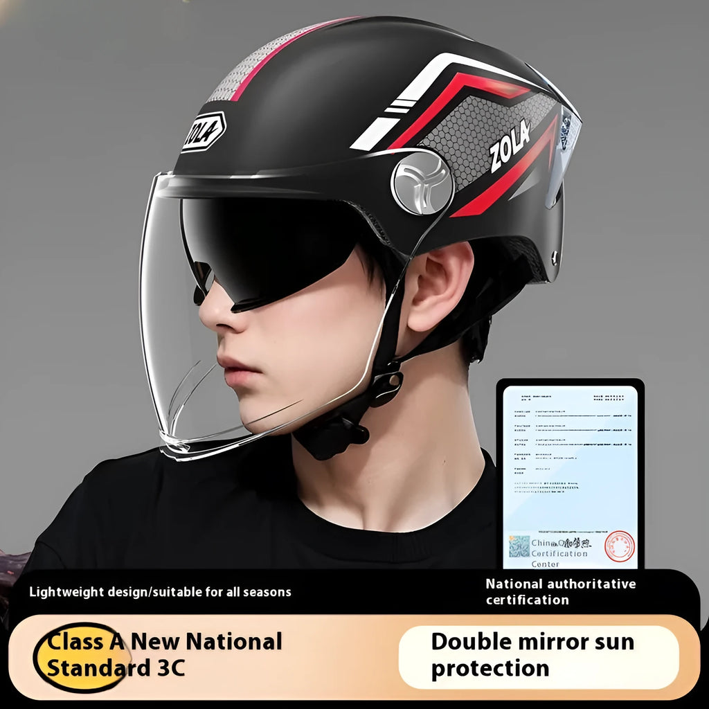 3C certified ABS half motorcycle helmet with double mirror visor in various colours for men women and children