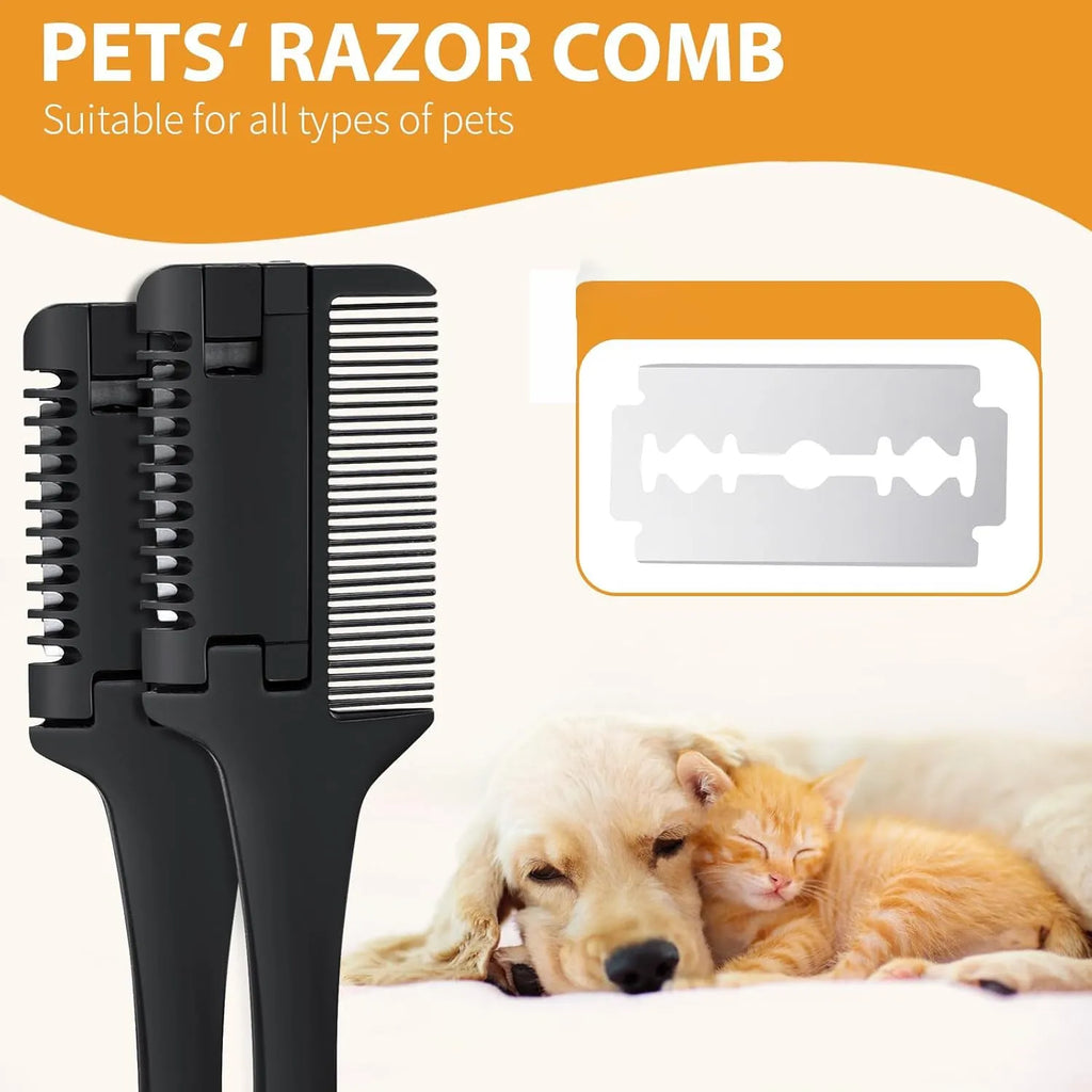 Pet razor comb for dogs and cats with ten spare blades on a white background.