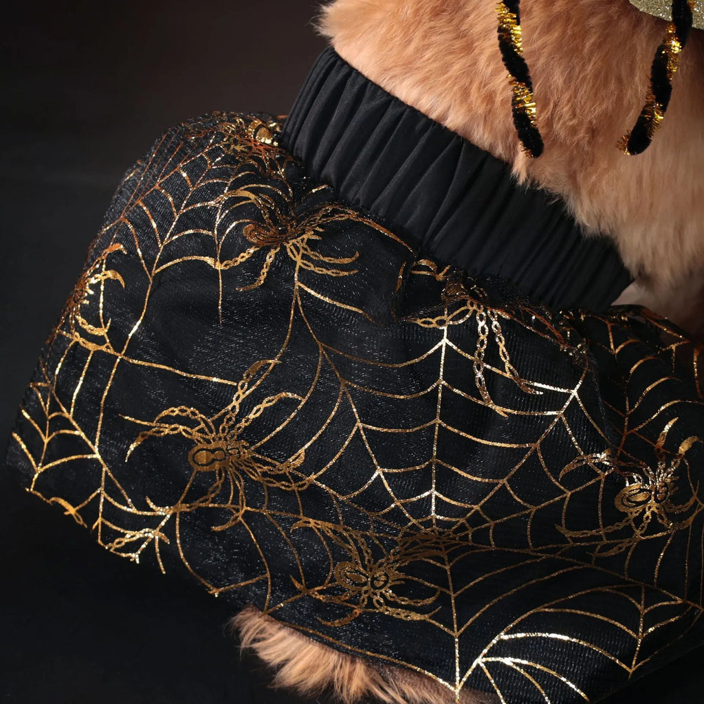 Black dog Halloween costume suit in polyester material shown on a pet