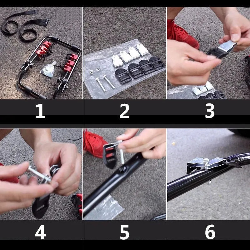 Black and red trunk-mounted bicycle carrier rack with tie ropes and protective sponge padding.