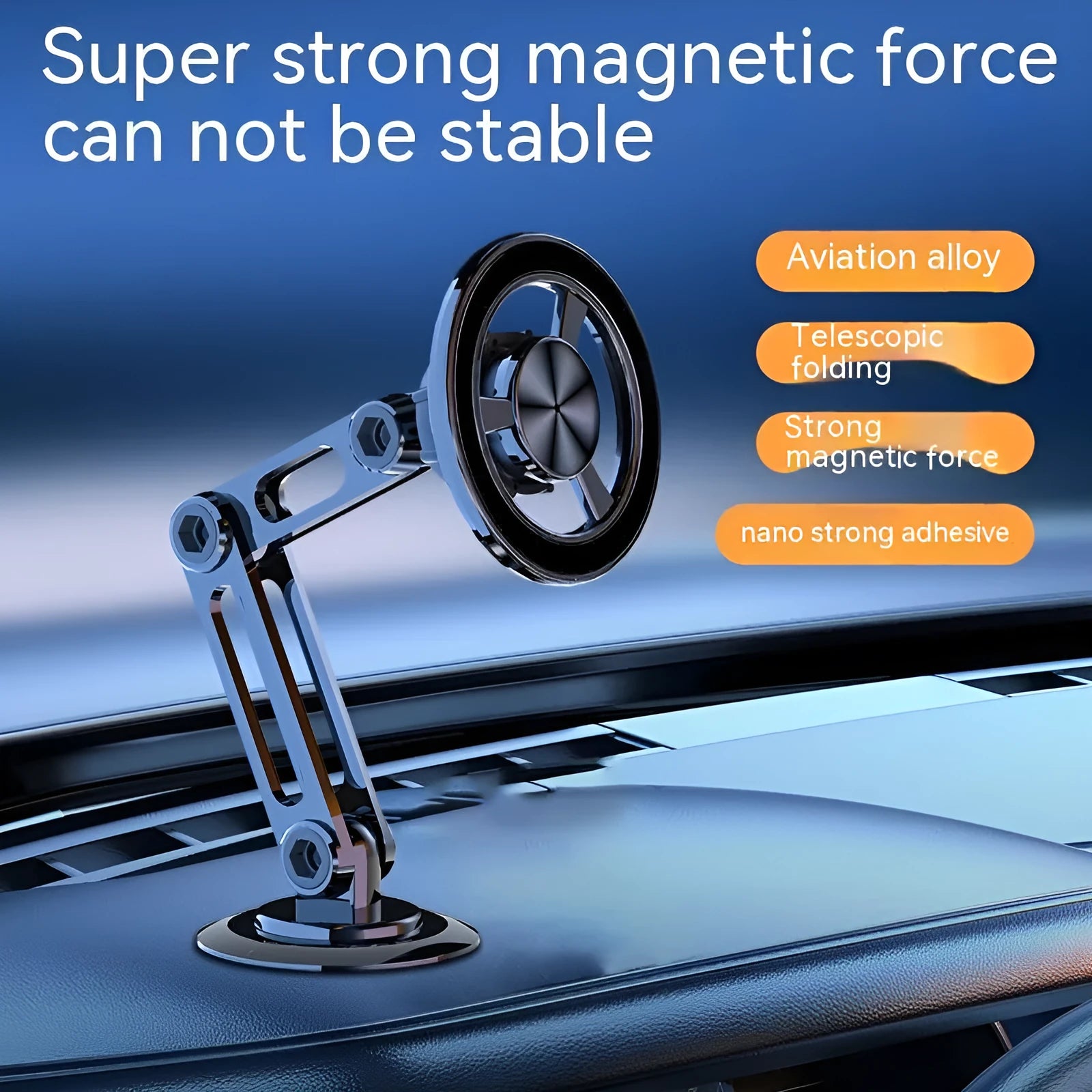 All-metal magnetic car phone holder mounted on dashboard with phone attached, showing 360-degree rotation capability