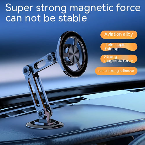 All-metal magnetic car phone holder mounted on dashboard with phone attached, showing 360-degree rotation capability