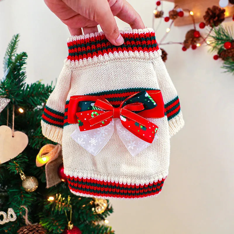 Red and green dog Christmas sweater shown on small to large breed dogs with festive holiday design